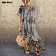 MISSOMO mujeres de Boho vestido de época impresión del remiendo de manga corta del O-Cuello de la vendimia maxi más el vestido del vestido del verano ropa de mujer 626