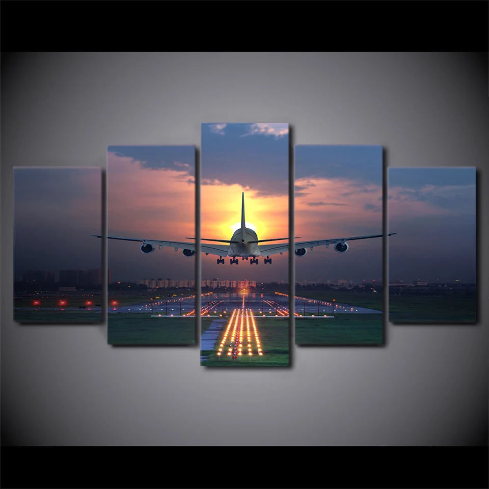 Painting-Living-Room-Wall-Art-5-Panel-Sunset-Lights-Airplane-Lawn-Poster-Canvas-Frame-Modular-Print1