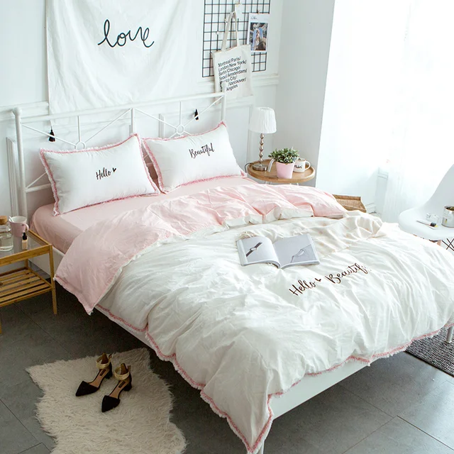 Cilected Hello Beautiful Embroidery Bedding Set 100 Cotton White Cilected Hello Beautiful Embroidery Bedding Set 100 Cotton White Pink 4pcs Duvet Cover Flat Sheet Pillow Cases Princess Gift