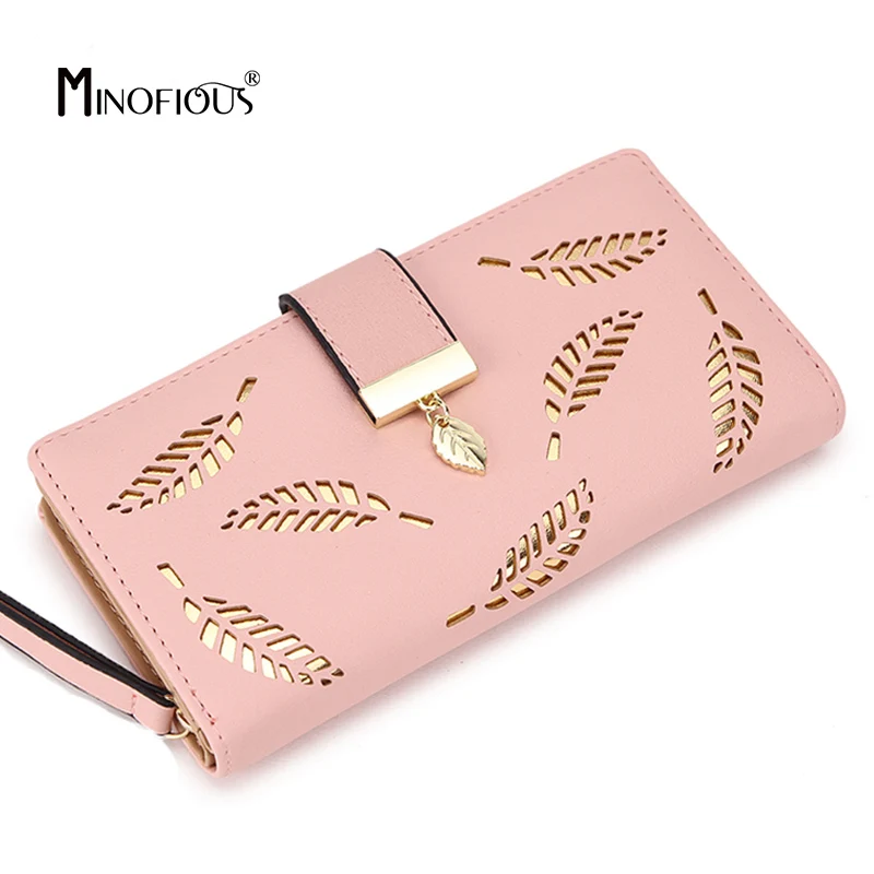 

MINOFIOUS Women Wallet PU Leather Solid Purse Female Long Wallets Gold Hollow Leaves Pouch Purses Fashion Clutch Coin Wallet