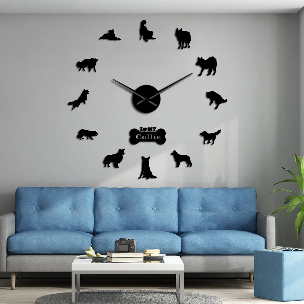 

Dog Breed Border Collie Silhouette Wall Sticker Frameless DIY Giant Wall Clock Home Decor Scottish Sheepdog Dog Paw Wall Clock