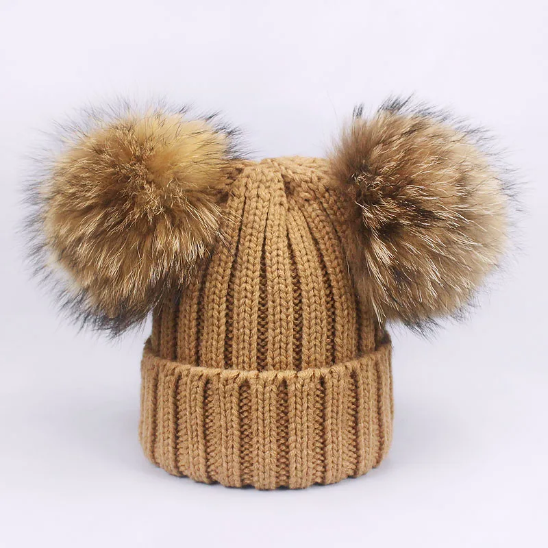 Children Pompon Beanie Hat Scarf Set Autumn Winter Outdoor Knitted Cotton Warm Real Raccoon Fur Pom-pom Caps Scarf 2 Piece Suit - Цвет: Hat Khaki 2 balls