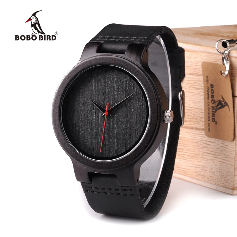 BOBO BIRD WC22 Ebony Wood Watch With Red Pointer Leather Band Japan Miyota 2035 Movement Quartz Watches For Men Women BOBO BIRD WC22 Ebony Wood Watch With Red Pointer Leather Band Japan Miyota 2035 Movement Quartz Watches For Men Women