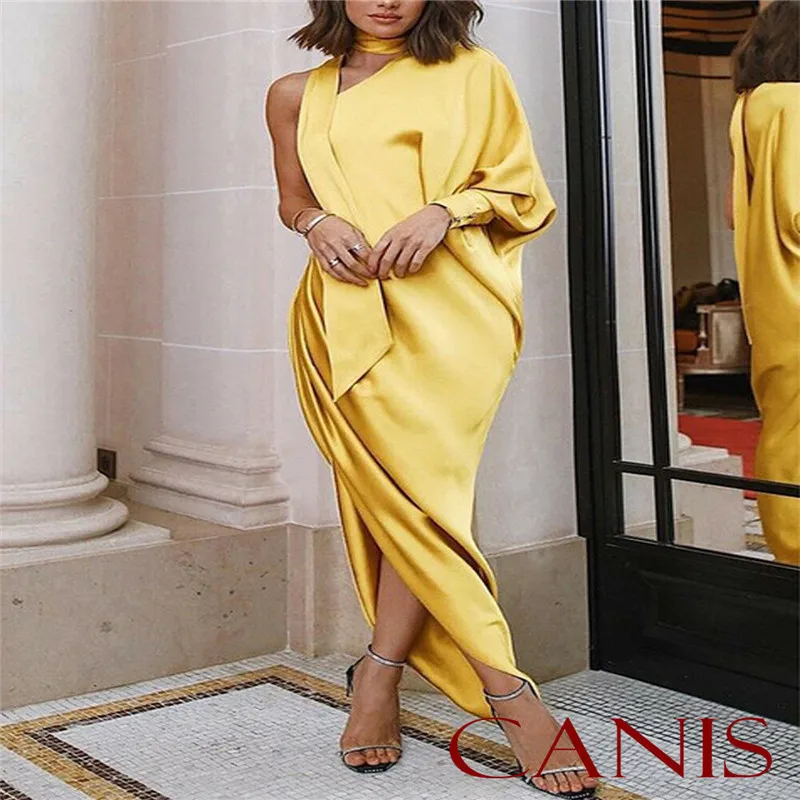 

Women's Spring Elegant Vintage One Shoulder Lace up Spliced Draped Loose Long Batwing Sleeve Maxi Dress Evening Party Dresses