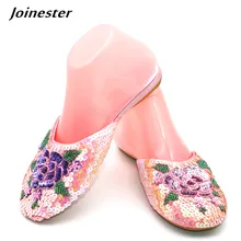 Pantuflas con lentejuelas para mujer, zapatillas planas para exteriores, zapatos de Casa de seda y satén, moda brillante, pantuflas Vintage de verano para mujer