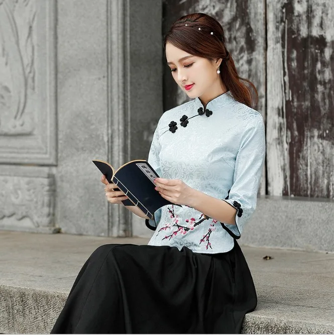 Women Chinese Shirt HanFu Wu Tang White Cotton Printing Plue Size Top (3)
