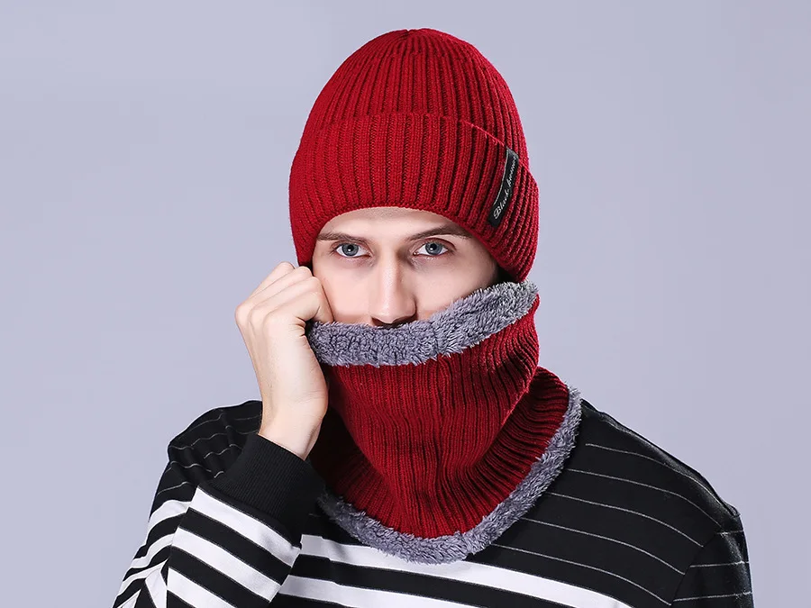 Зимние шапки для мужчин бини теплая вязаная шапка Skullies шапка шарф наборы с бархатными воротниками вязаная шапка модная ветрозащитная - Цвет: bordeaux