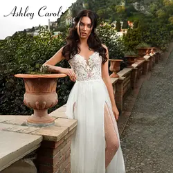 Ashley Carol сексуальное пляжное свадебное платье с v-образным вырезом и открытой спиной, бохо, на бретельках, с разрезом, свадебное платье