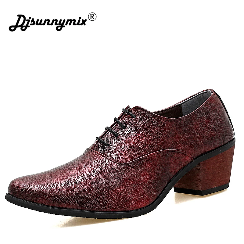 

DJSUNNYMIX Brand Men wedding shoes red black heighten heel party dress office shoes high heel 6cm