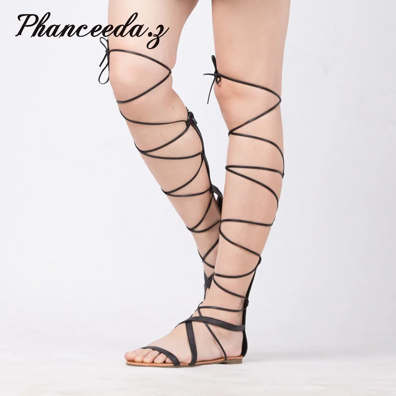 Nova leta 2017 čevlji ženske sandale priložnostne ravne čipke gor seksi kolena visoki čevlji Gladiator kravato oblikovalec dobre kakovosti poletni slog