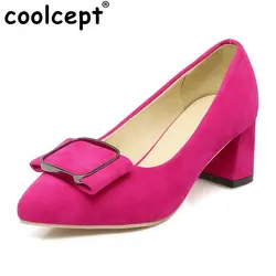Coolcept Размеры 32–43 женские офисные Обувь на высоких каблуках Для женщин металлической пряжкой острый носок толстый каблук туфли-лодочки