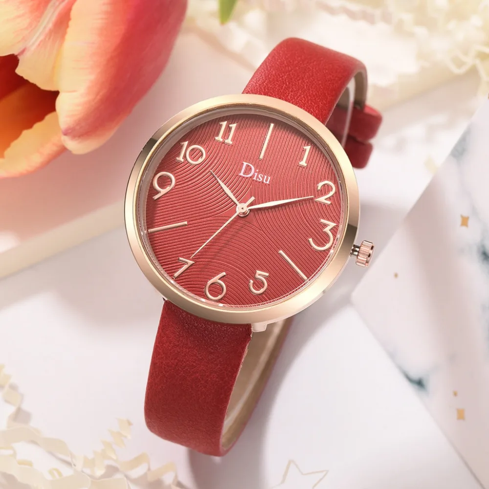 Disu Women's Watches Luxury Fashion Lady Leather Belt Watch Creative Number Analog Quartz Watch Montre femme Simple Clock