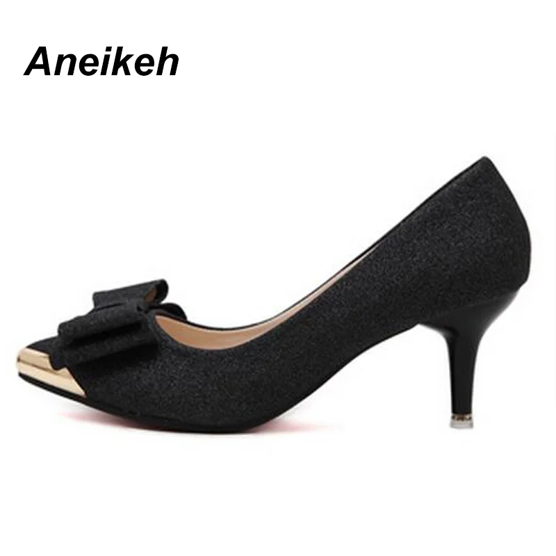 Aneikeh/женские туфли-лодочки на высоком каблуке; коллекция года; Рабочая обувь на шпильке с острым носком и бантом; пикантная обувь с блестками; zapatos mujer; цвет черный, золотой, серебряный