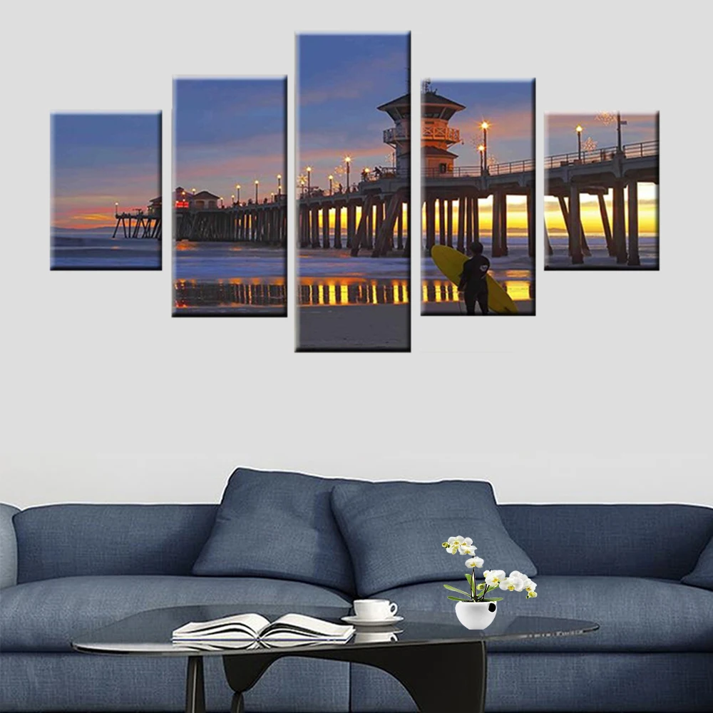 

HD Print 5 Canvas Painting Huntington Beach Pier Sunset Surfers View Landscape Canvas Wall Art Living Room Home Decor
