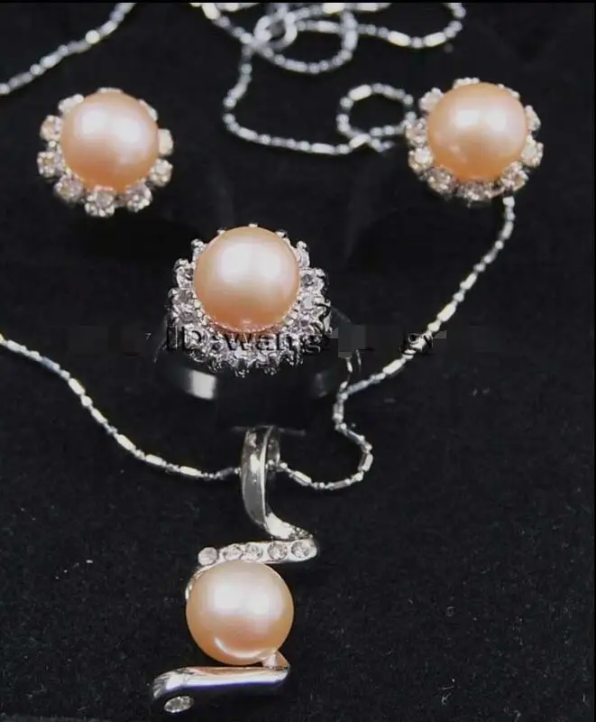 

FREE SHIPPING HOT sell new Style >>>>9-9.5MM Pink Akoya Cultured Pearl ring earrings Necklace Pendant Set AAA