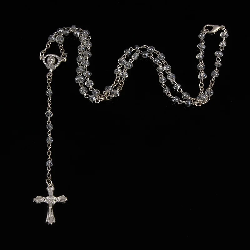 Mały naszyjnik różaniec szklany 4mm z złote koraliki i łańcuszek wisiorek w kształcie serca z krzyżem ozdoby modlitewne kościoła chrześcijańskiego
