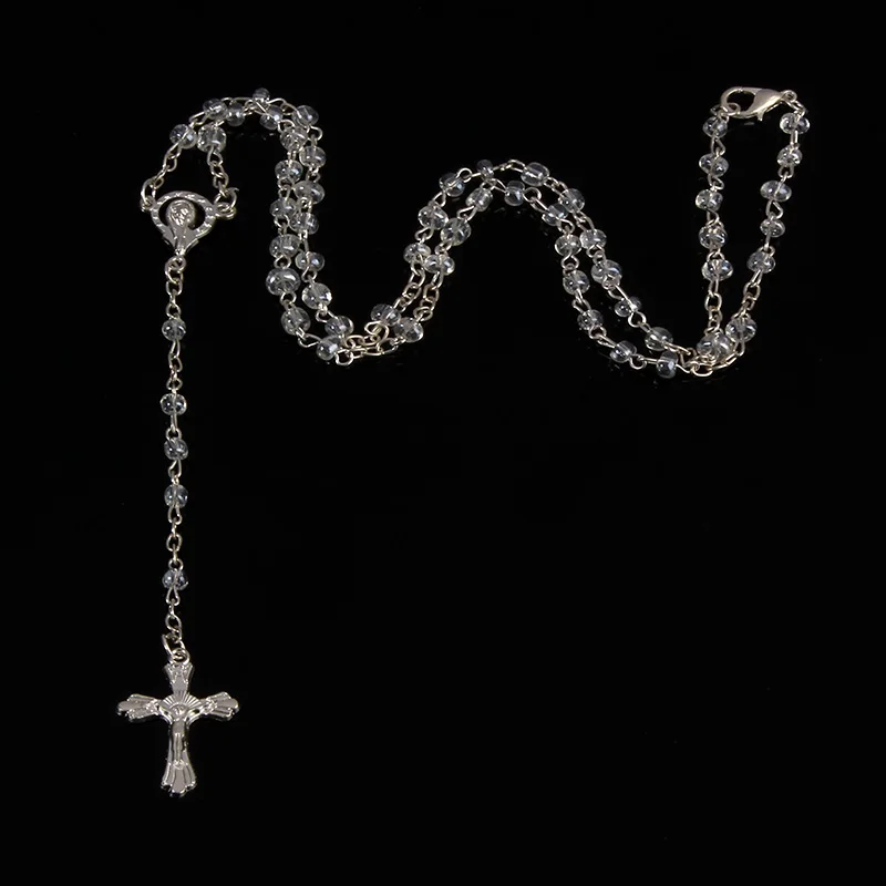 Rosary Necklace Pendant-Chain Gold-Beads Glass Heart-Shaped Small Cross-Christian
