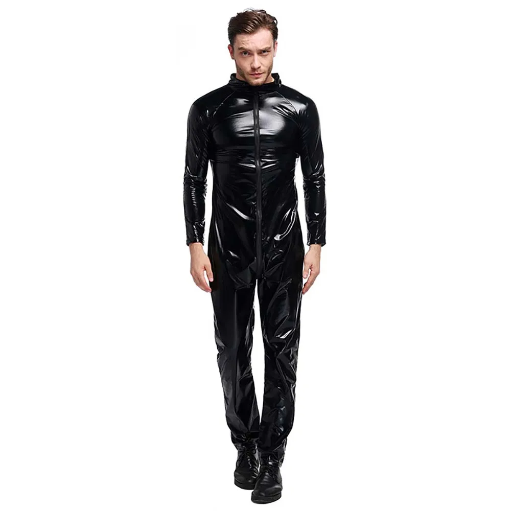 Cool Ghost Rider Costume Adult Men Motorcycle Rider Jumpsuit Black Faux