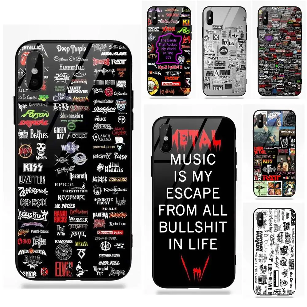 

For Apple iPhone 5 5C 5S SE 6 6S 7 8 Plus X XS Max XR Silicone TPU Frame Tempered Glass Phone Cases Collage Rock Band Music Logo