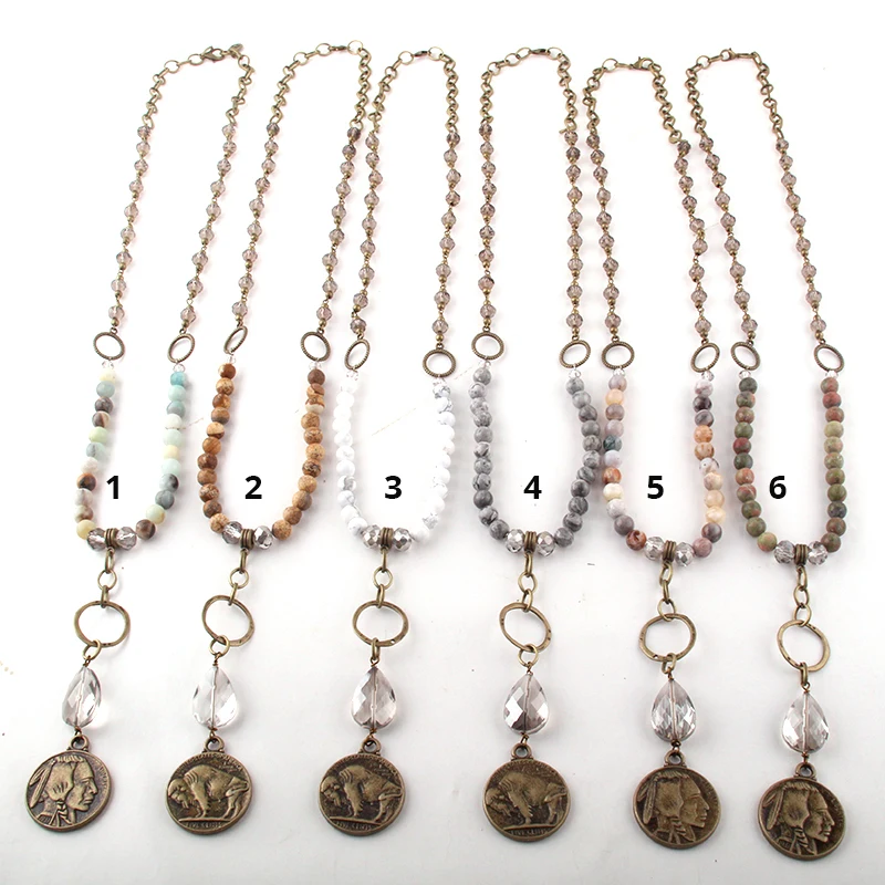 Модные ювелирные изделия из натурального камня и стекла Длинная цепочка, со стразами металлическая подвеска в виде буйвола ожерелье s для женщин национальное ожерелье