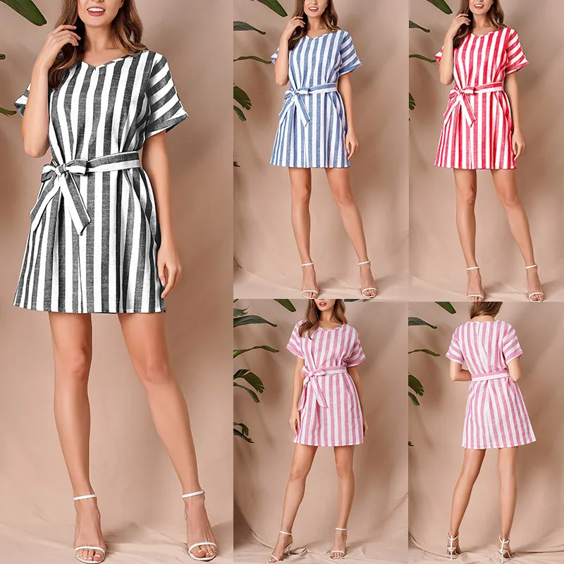 

Fashionable Lady's Stripe Dress with V-neck Printing in Summer 2019