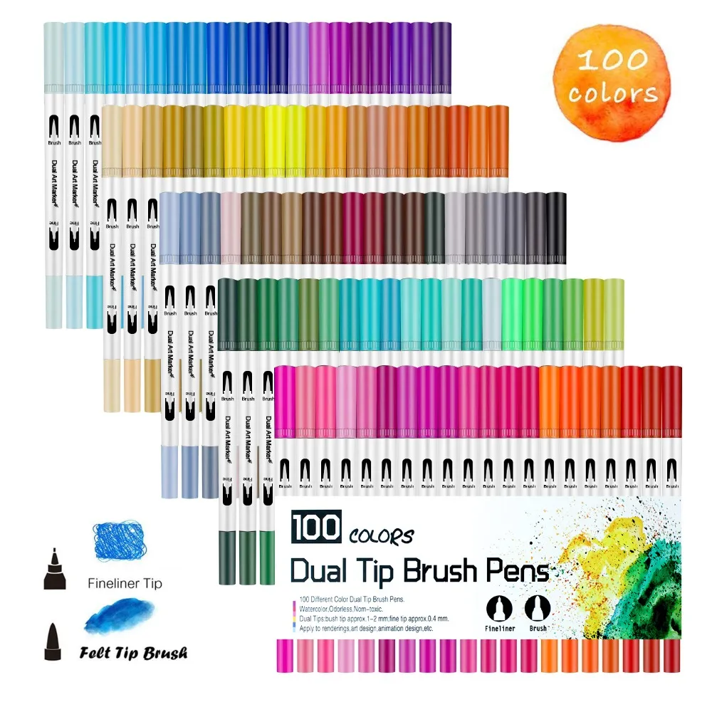 100 Color Dual Tip Brush Marker Pens Color Markers Set of Waterbased