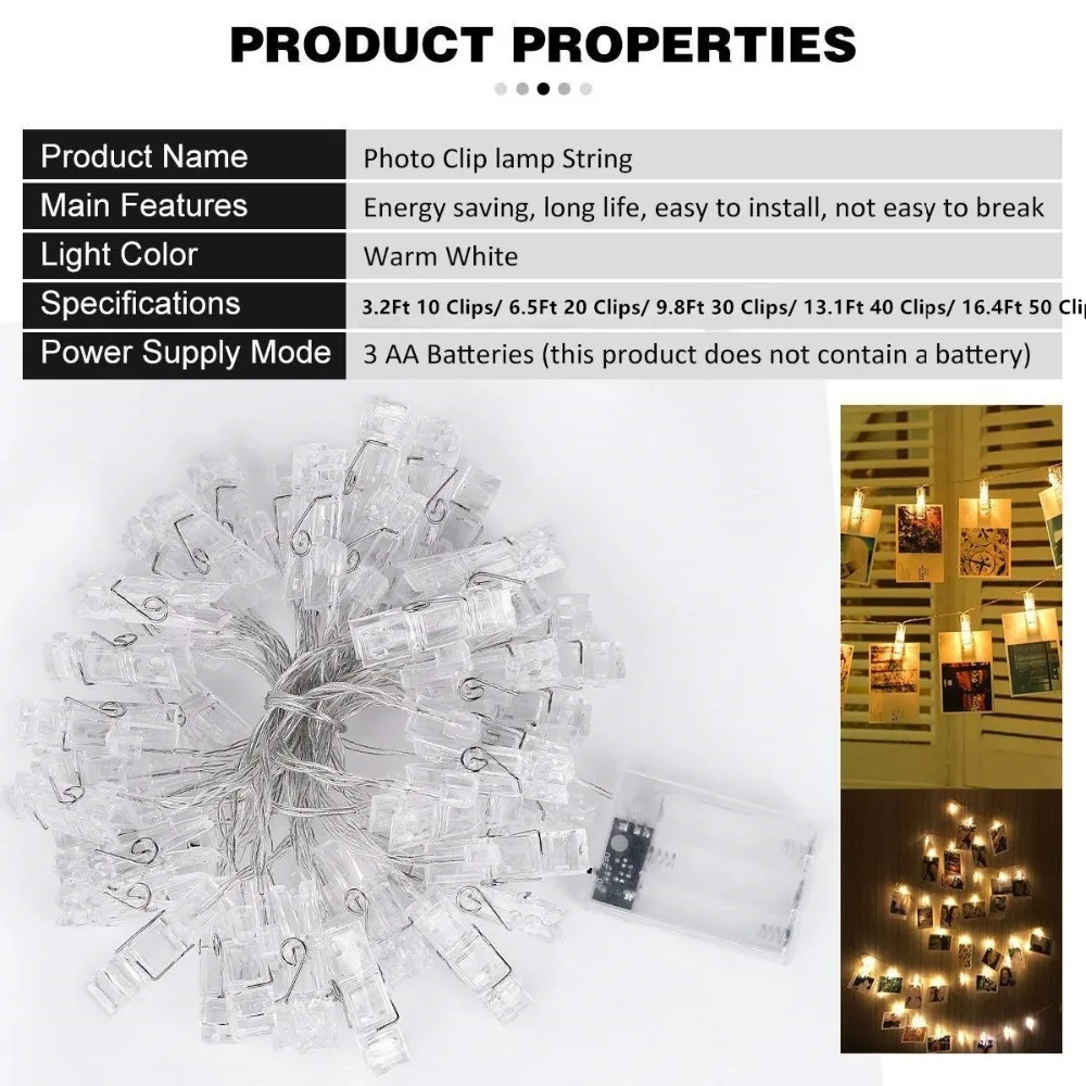 10 50LEDs зажим для фото светодиодная гирлянда на батарейках декоративные огни