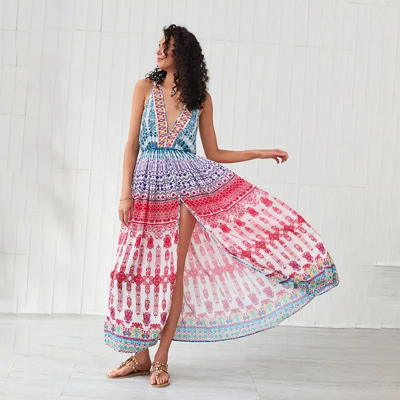 

Boho Summer Dress Women Deep V Sexy Sleeveless Fashion Sweet Printed High Waist Big Swing Chic Travel Beach Maxi Dresses Female