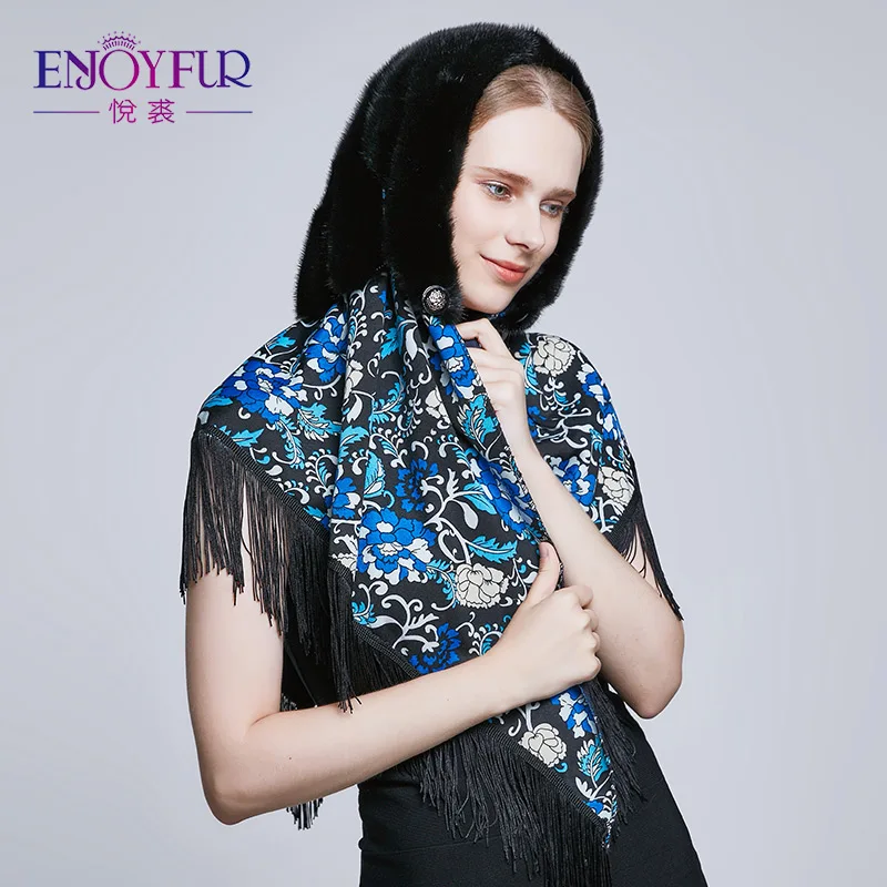 

ENJOYFUR Real Mink Fur Hats Scarf For Women Russia Style Printing Lady Caps Thick Warm Fashion Girl Beanies Fur Scarf with Hood
