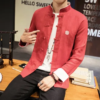 

Men's fashionable Chinese style long-sleeved shirt autumn spring high-grade cotton linen male retro embroidery fashion top coat