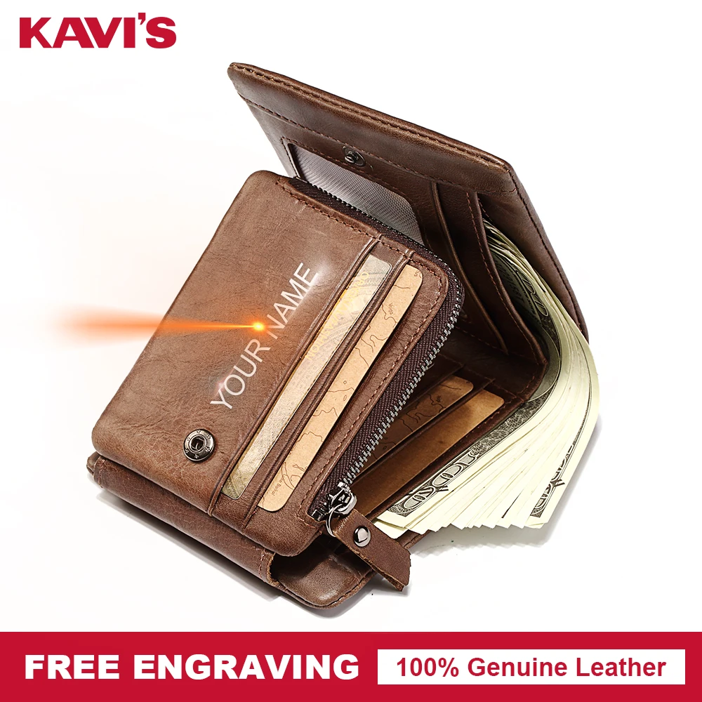 KAVIS Free Engraving Trifold Genuine Leather Men Wallet Coin Purse Male