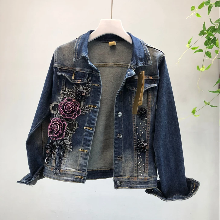 2019 Spring Autumn Woman Long-sleeve Denim Jackets Embroidered Coat + Dark Blue Retro Jeans Two Piece Sets Slim Pencel Pants Set plus size pjs