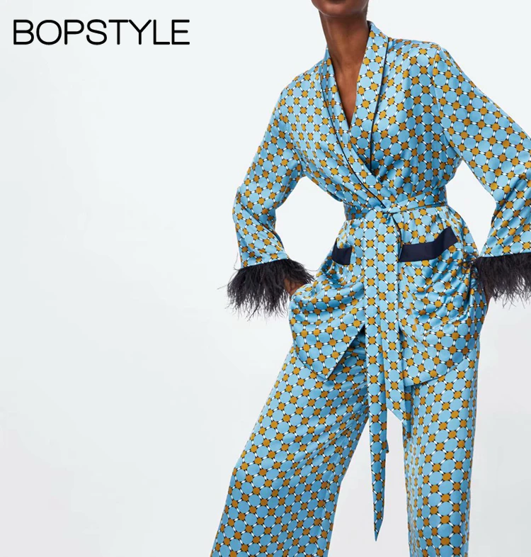 

Fall 2018 New Women Gingham Checkered Blazer Long Sleeve Cuff With Feather - Ladies Feather Cuff Casual Plaid Blazer With Belt