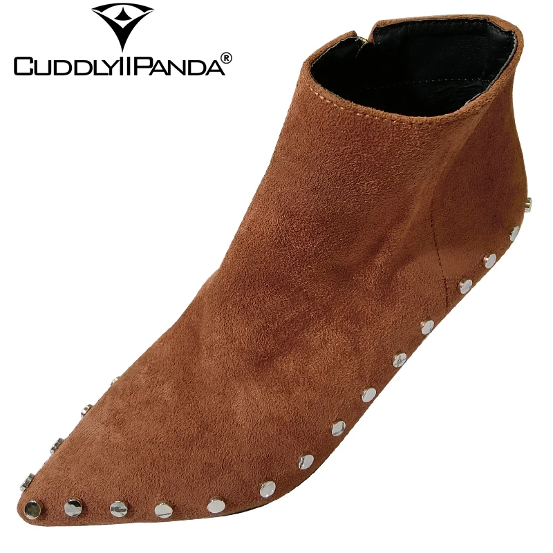 

CuddlyIIPanda 2019 Autumn Studded Rivets Women Ankle Boots Pointed Toe Locomotive Boots Thin Heel Flock Velvet Martin Boots