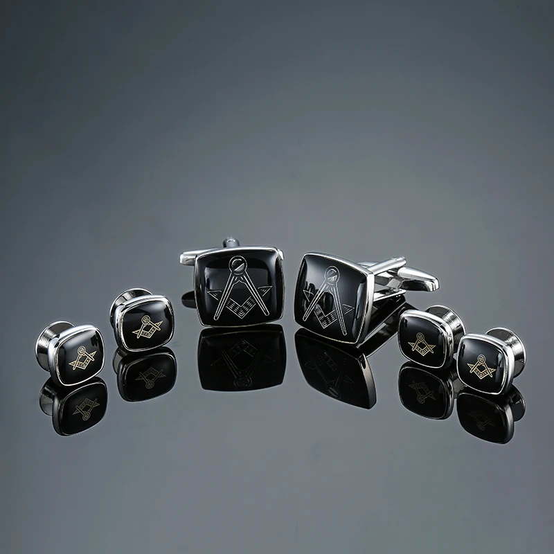 

Fashion Freemason Cufflinks and Studs Set High Quality Gold and Silvery Cuff links Engraved 6 pcs Studs Set Options