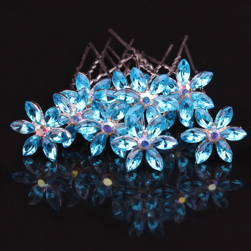 10 шт синий кристалл цветок палочки для волос розовые стразы свадебные шпильки аксессуары для волос невесты ювелирные изделия шпильки для свадебной прически клип