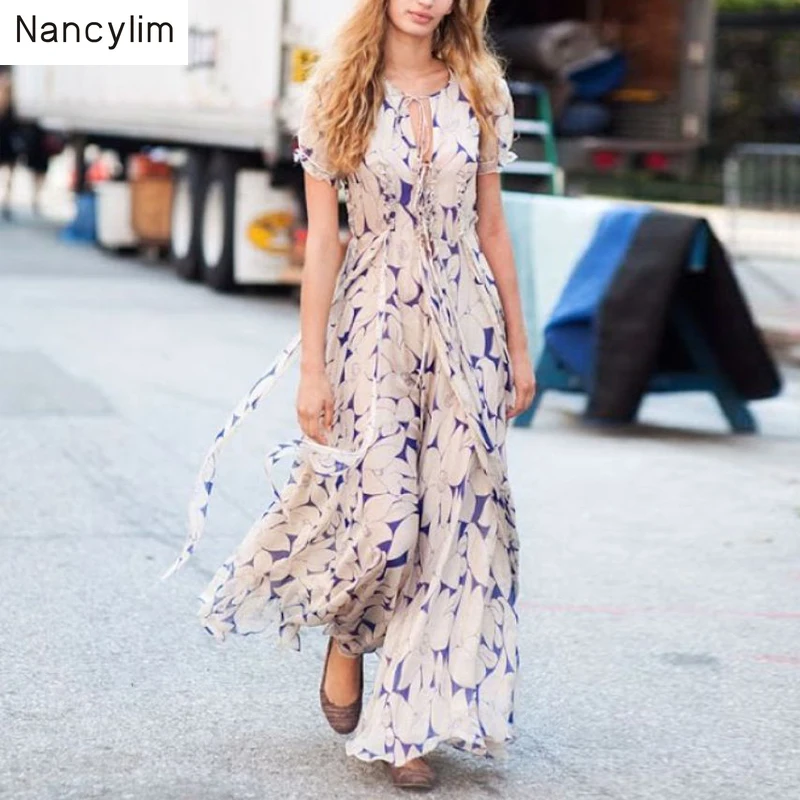 

Summer Dress Fairy Women New Fashion Cross Tie V Neck Short Sleeve Seaside Holiday Elegant Flower Print Dress Long Dresses