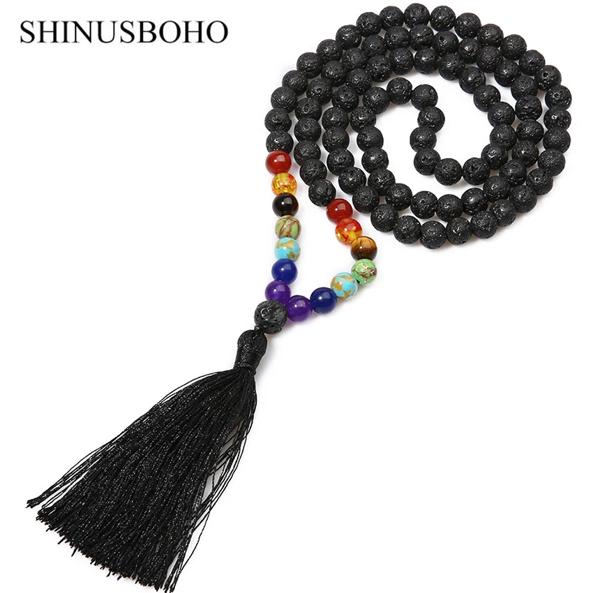 SHINUS Бохо Ожерелье «чакра» Для женщин классический вулканический 7 цветов натуральные камни бисером кисточкой длинное ожерелье модные аксессуары
