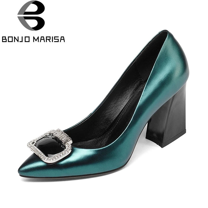 

BONJOMARISA 2018 Genuine Leather Size 34-39 Hoof High Heels Pointed Toe Slip On Shoes Woman Pumps Party Wedding Pumps