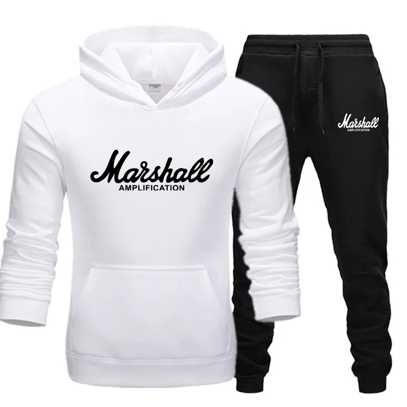 Горячий Marshall мужской костюм с капюшоном усиленная Мужская мода толстовки+ брюки Зима Осень Хип-хоп Брендовые мужские комплекты с капюшоном M-3XL - Цвет: white black219-220