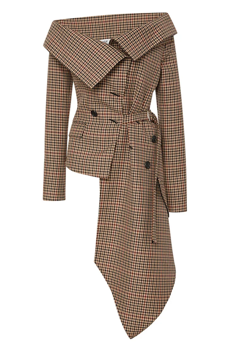 European Early Autumn New Women Irregular Cut Flanged Single Collar Shoulders Waist Checked Suit Jacket Fashion Lattic coats European Early Autumn New Women Irregular Cut Flanged Single Collar Shoulders Waist Checked Suit Jacket Fashion Lattic coats