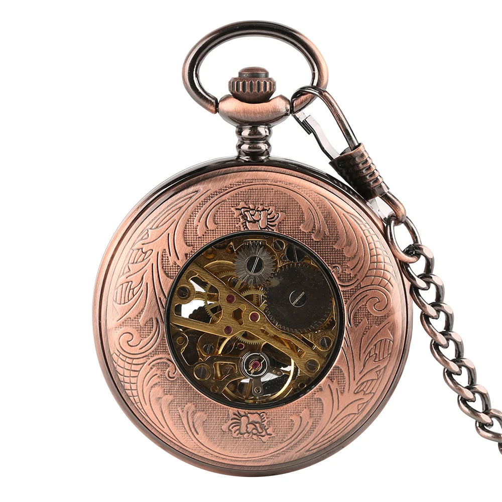 Fob Mechanical Hand Winding Pocket Watches With Chain Steampunk Necklace Gear Hollow Red Bronze Roman Numbers Unisex Watch reloj (3)