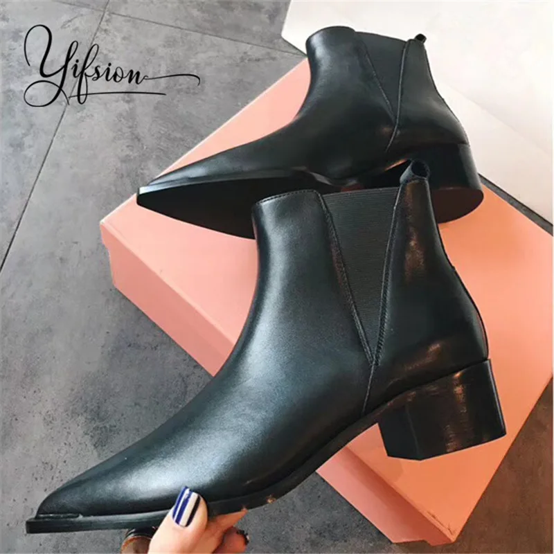 

OLOME New Fashion Black Genuine Leather Women Short Boots Pointed Toe Slip On Thick Low Heel Women Autumn Boots Shoes Woman