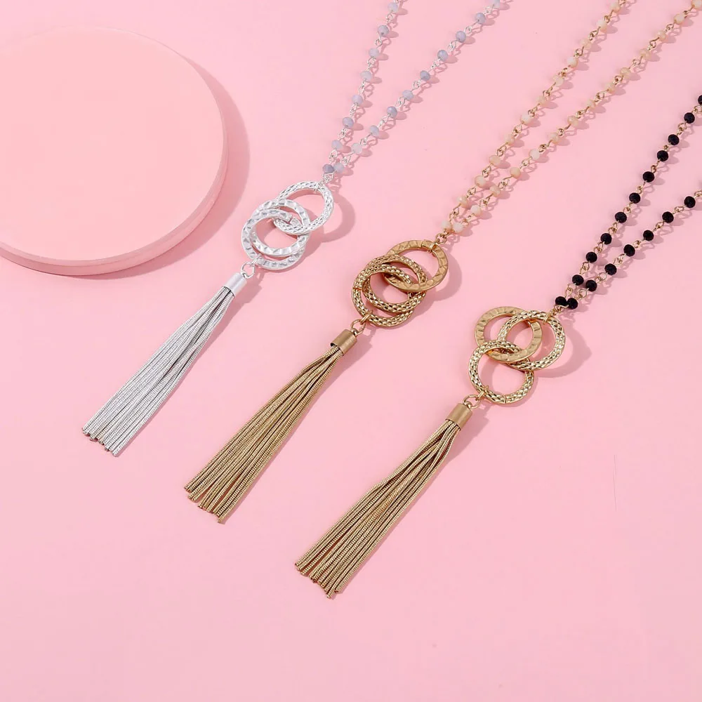 

HUIDANG 2018 Fall Winter New Fashion Jewelry Faceted Stone Pendants With Metal Tassel Sweater Chain Necklace
