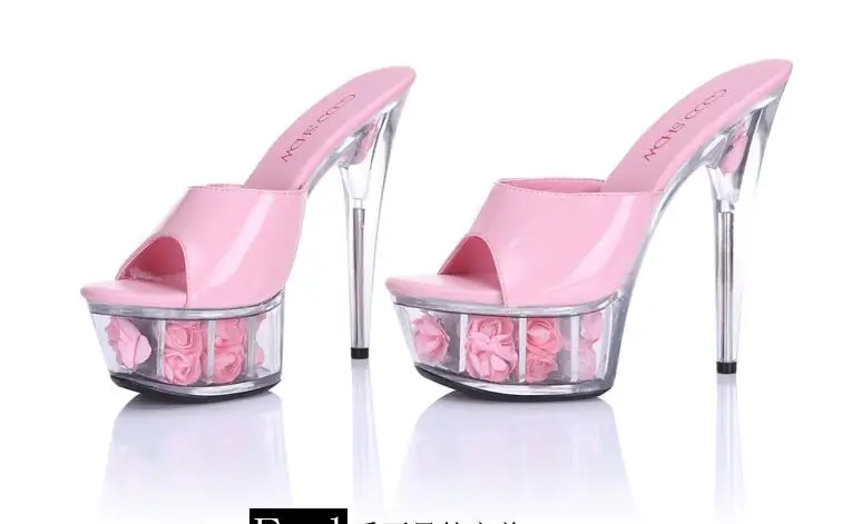 Г. Новые летние женские пикантные шлепанцы на очень высоком каблуке на платформе босоножки на тонком высоком каблуке с цветочным узором, большие размеры 43, 44 - Цвет: pink