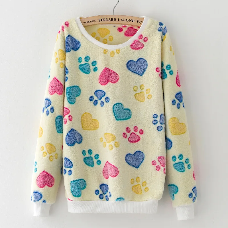  Women's sweater casual O-neck long-sleeved print Fleece warm sweater 2018 fashion sweet and self-cu