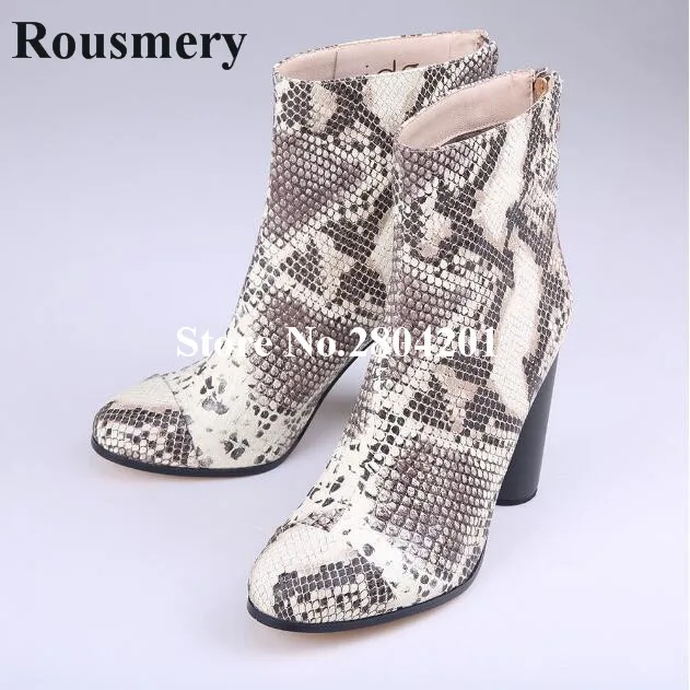 

Rousmery Zapatos Mujer Sexy Snakeskin Printed Croc Ankle Boots Luxury Round Toe Chunky Heel Party Stage Strip Shoes Women
