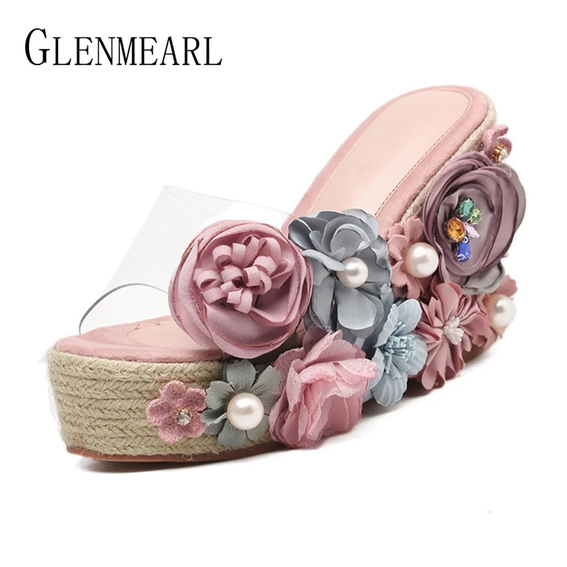 Summer Shoes Woman Platform Slippers Straw Flowers Flip Flops Wedges High Heels Women Shoes Brand Transparent Beach Sandals DE plus size 34 45 new 2018 high heels women flip flops summer sandals platform wedges slippers girl s fashion beach shoes