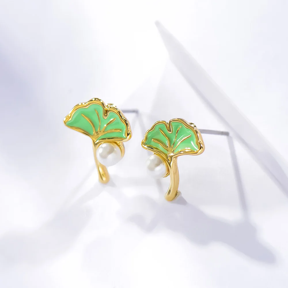 Viennois Fashion Jewelry Gold Color Mini Green Leaves Faux Pearl Stud Earrings for Women