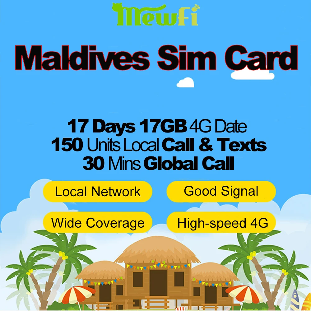 

Mewfi Maldives Travel 14 Days 17GB 4G Data+150 Units Local Call&Text +30Mins Global Call DHIRAAGU Triple Mobile Phone Sim Card